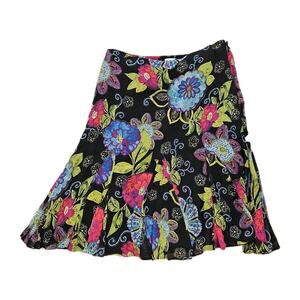 Vtg Chicos Floral Silk Midi Skirt Womens 2/Medium Black Ruffle Boho Artsy Grunge